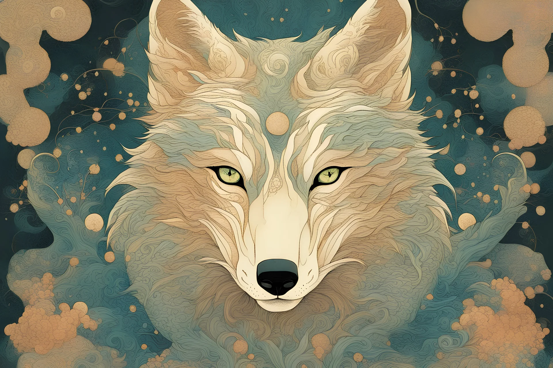 portrait of a mystic wolf, by victo ngai, by Hokusai, rbg, psychedelic, fractals, sacred geometry, medicine, sacred