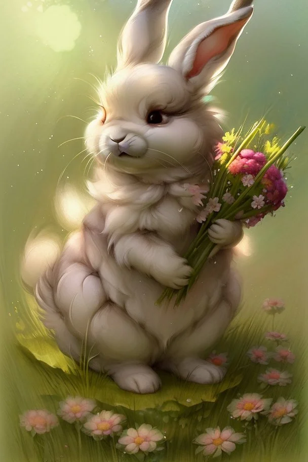 a cheerful cute furry fluffy chibi bunny holding a beautiful big carrot with the green on the green field with flowers S<AI by Jean-Baptiste Monge, watercolor and ink, intricate details, fantasy, beautiful, award winning, colorful, fantastic view, crisp quality, in sunshine