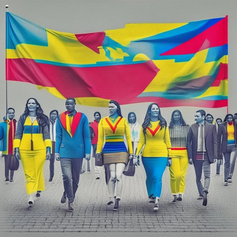 Muchas Personas hombres mujeres caminando de frente con banderas de Colombia art retro