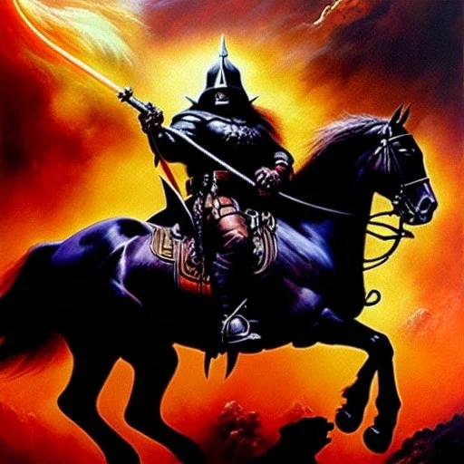 portrait oil on canvas, Death Dealer riding black horse ,comic book cover, mystical colors,insanely detailed,realistic,intrincate detail, 16k resolution, masterpiece,Frank Frazetta,Alex Horley, Simon Bisley,Oscar chichoni