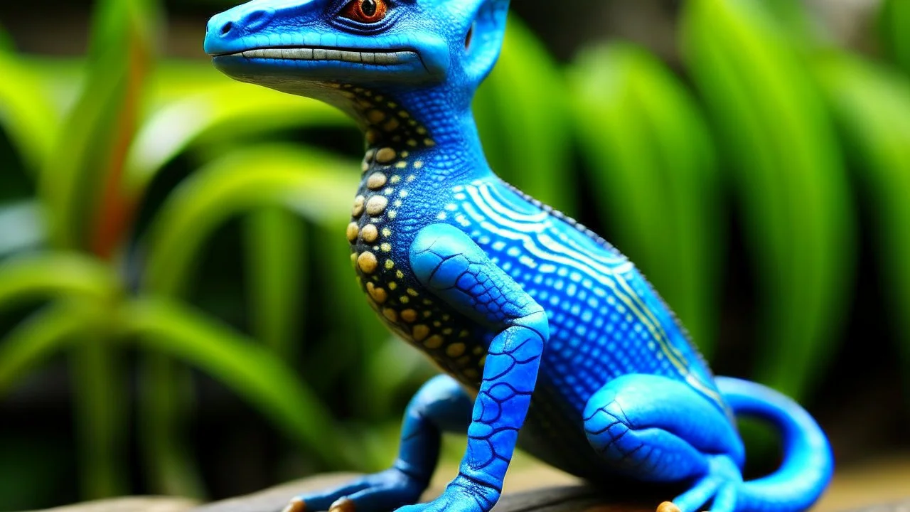 A blue lizard designed in Hawaiian tikis painted by Georges Seurat