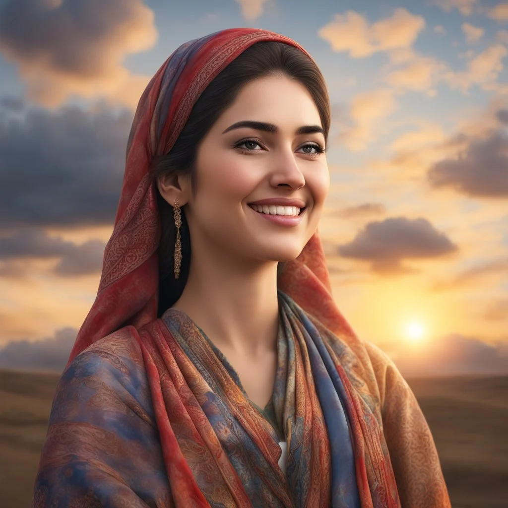 Hyper Realistic happy young-Pashto-woman standing with cloudy sunset