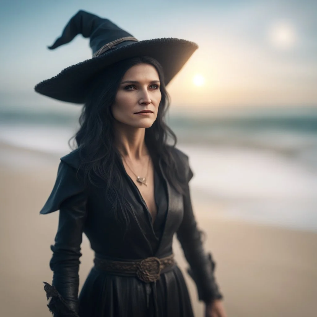 corey feldman as a female witch on the beach ,bokeh like f/0.8, tilt-shift lens 8k, high detail, smooth render, down-light, unreal engine