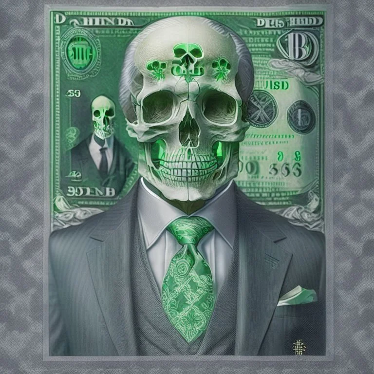 a head and shoulders portrait of a skeleton dressed in a three-piece suit as the president of the united states, based on us currency, united states one dollar bill, shades of green, real-life, colors match the united states one dollar bill, realistic, robotic, black and white