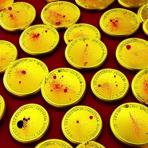 massive number of gold coins blood splatter