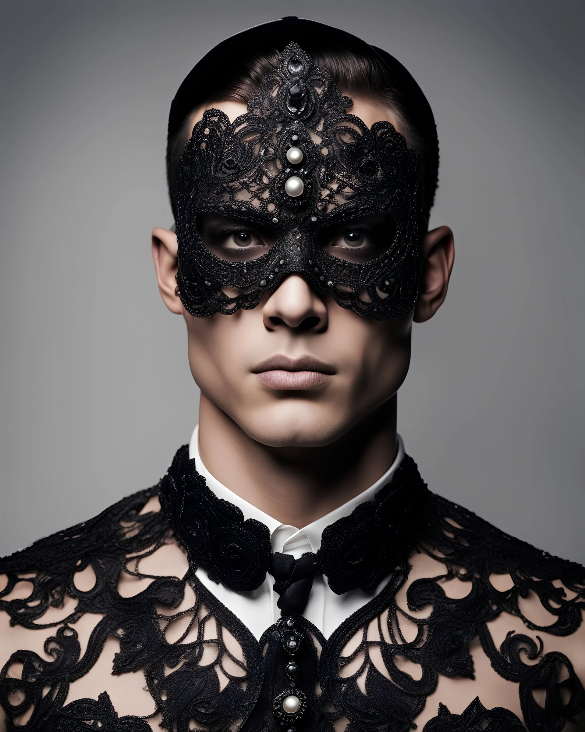 realistic fashion editorial photo, a face shot of a healthy 18-year-old muscular male dressing up in a symmetry bejeweled black haute couture diamond and pearl lace satin mask inspired by Día de los Muertos, solid white backdrop, studio lighting