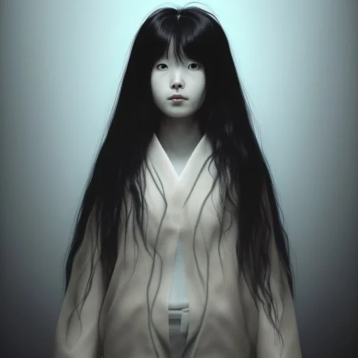 Sadako Yamamura (Ringu, 1998) ; screenshot, Dark Foggy Georgeous Horror Dark Fantasy Art by James Bousema, digital illustration, evil,wild, cold stare ,photo-realistic, 32K,dynamic colors,high details,high definition,crystal clear image,aspect ratio 33:1,DIGITAL ILLUSTRATION by James Bousema Modifiers: Nikon D850 elegant Award winning photography fantasy photorealistic very attractive