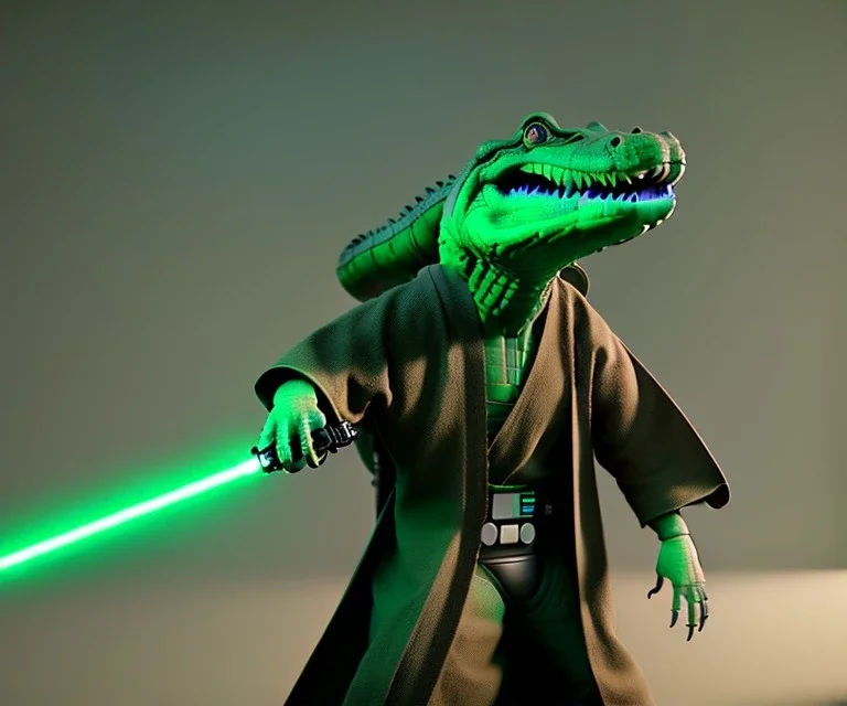 Star wars animation, crocodile, night vision goggles, samurai robe, holding lightsaber, hands, wrist gauntlets