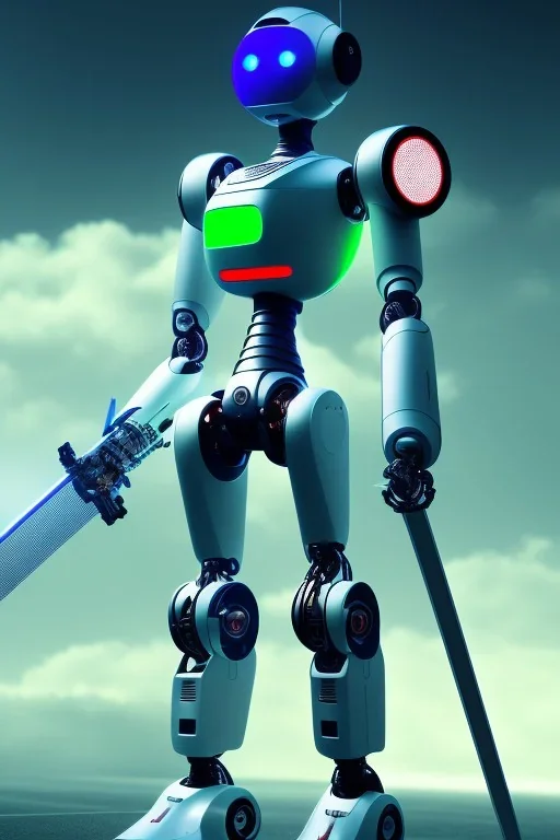 2 robot, red eyes, blue hair, light sword, green light, sky, highly detailed