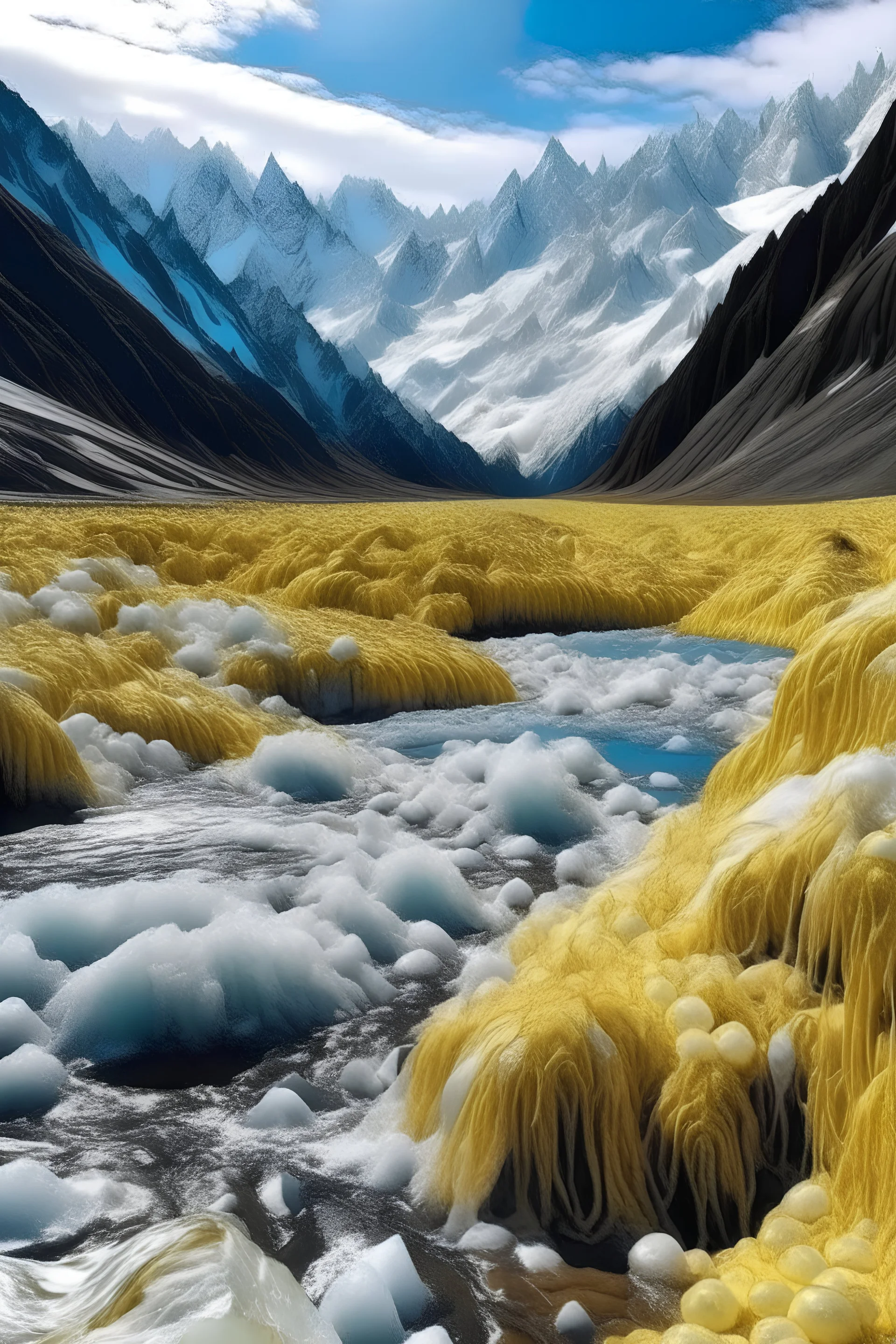 Mountains of ice made of cotton with a river of gold beneath them