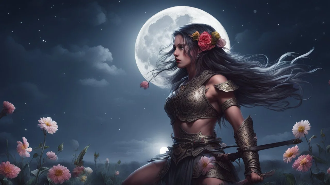 Woman Warrior, flower, night, moon
