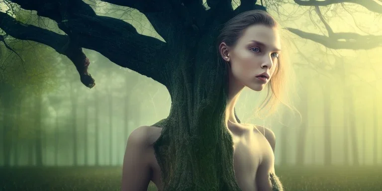 portrait photography of ethereal beauty, 8K, under neck long oak tree roots, a woman's head, sunny, mist