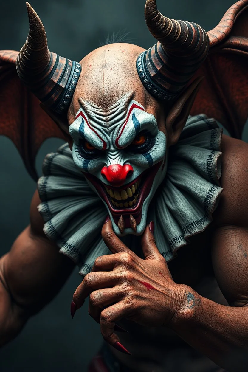 big demon, horns and big arms, wit a clown face painted, terroriffic