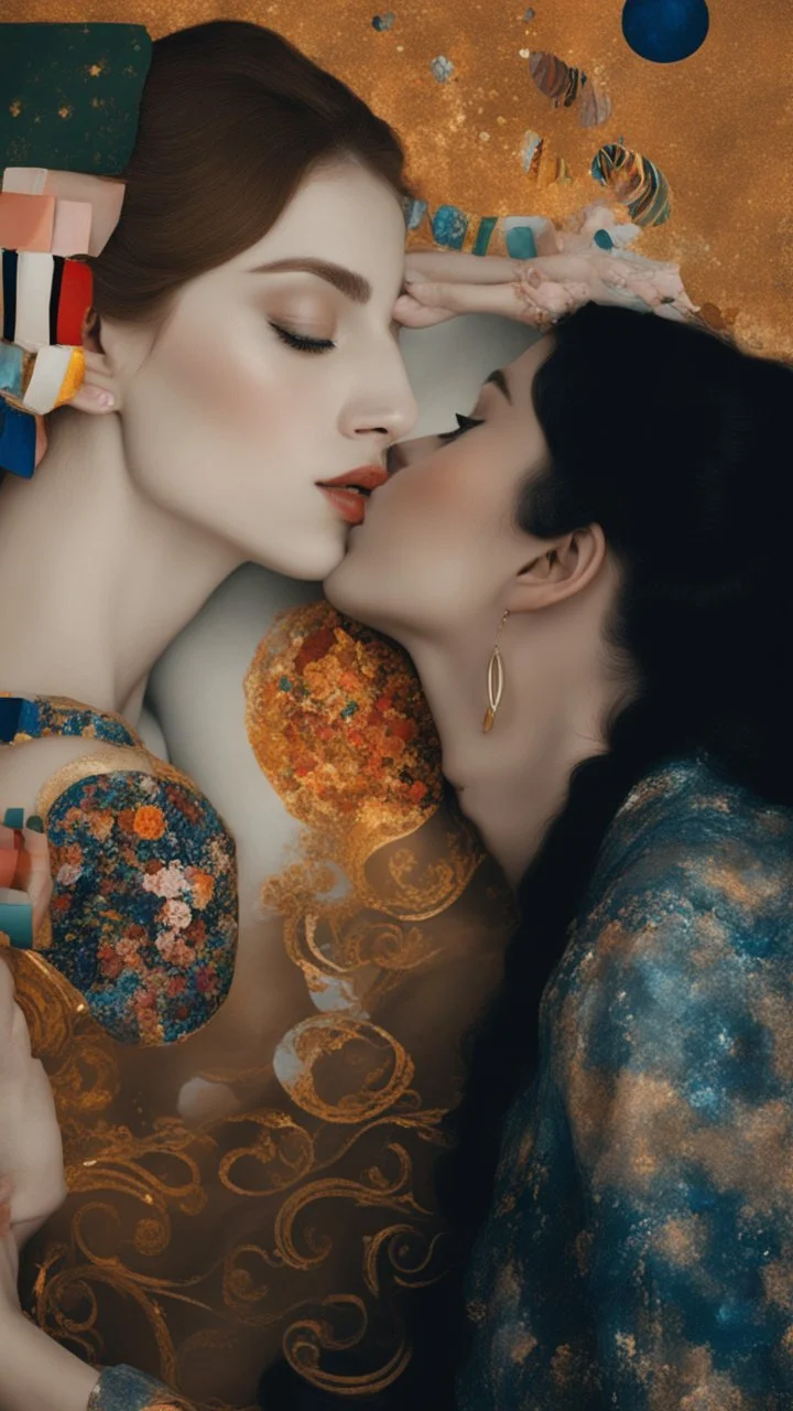 Masterpiece, fine art, award winning, "like Gustav Klimt : the Kiss in a chair" 2 w, RAW photo, eye candy in the style of (petra collins::Robin Eley:1.5), (Suhaila Ben Lachhab::Heidi Moussa:1.5) in breathtaking cinematic shot (full body shot, from below angle) that emphasizes the stunning cheek bones, texturized black hair,(big detailed eyes:1.5) (cottagecore aesthetic:5) with extreme sensuality, Irresistible with (porcelain skin:4.8), sitting on an old chair, retro vintage style