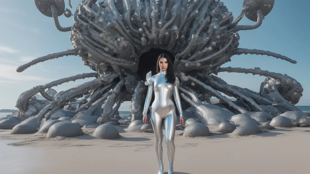 Wide angle shot of a woman with dark hair in a silver robotic catsuit, standing on a beach, flying mushrooms with octopus tentacles floating above her