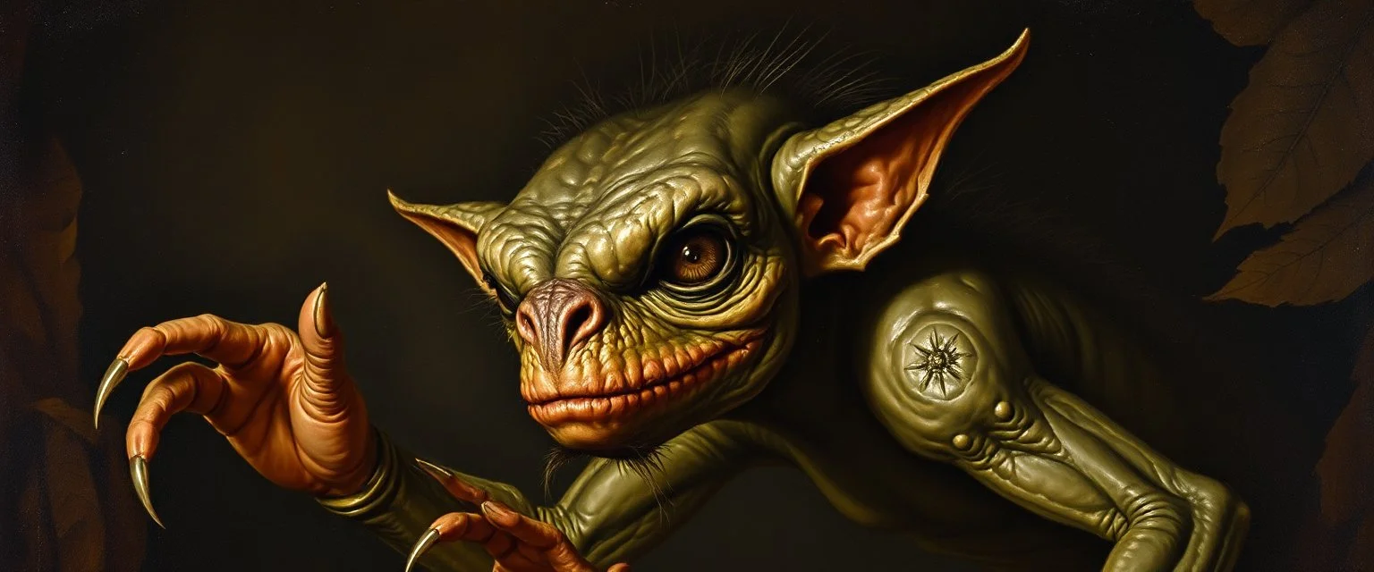 master oil painting by Rembrandt, creature from before the dinosaur gremlin