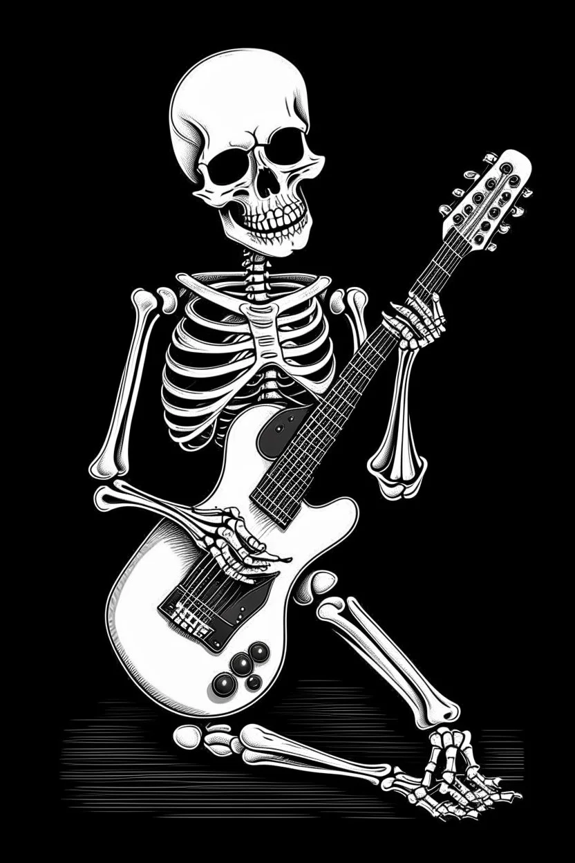 Skeleton standing up ina Coffin, Hugging A guitar, black and white grpahic Art