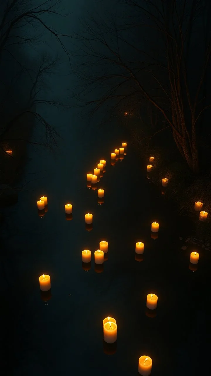 Candles floating on the water of a river , in the style of bosch nightmares , top view and there are trees on the river bank in romantic dark night view