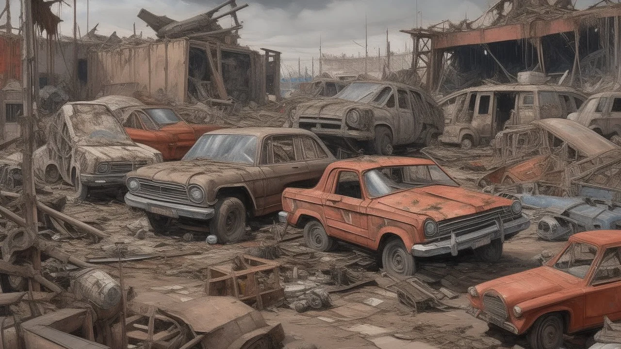 A reddish gray trashed junkyard with broken down construction vehicles painted by Leonardo da Vinci
