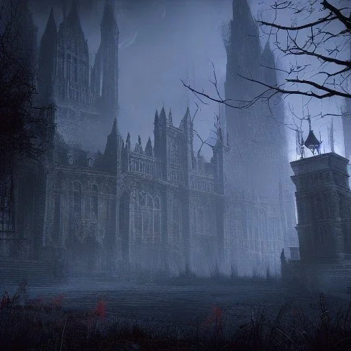 hyper realistic barren Bloodborne cityscape at night