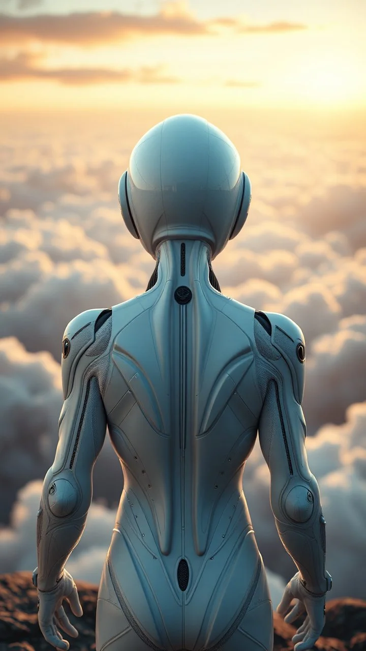 Photoreal Gorgeous godlike white alien cyborg rear view looking over a futuristic nuclear distraction and mashroom clouds of planet earth , in the style of fantasy movies, photorealistic, bokeh masterpiece smooth shading, ultra detailed, high resolution, cinematic, unreal 6, subtle shadows, octane render, 8k, cinema 4d, HDR, dust effect, vivid colors