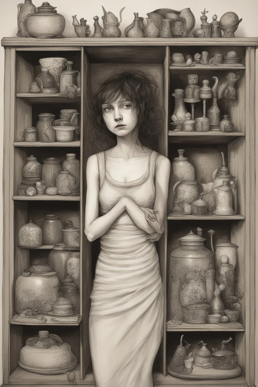 she stands within the confines of a closet, surrounded by a cabinet of curiosities. These evocative creations capture a melancholic mood, revealing the inner struggle of a soul torn between her desire for freedom and the weight of her own uniqueness.