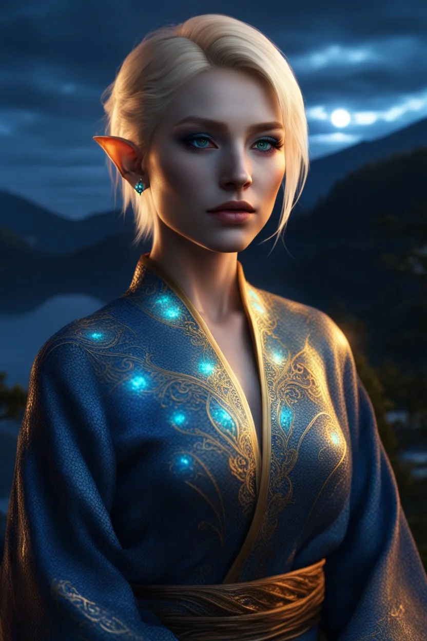 detailed eyes, female danish half elf, curvy, blonde short hairstyle, head to knee shot, detailed glowing ornamental magical pattern form fitting robe, glowing gem crackling with lightning implanted on robe, 8k, high detail, lake background, midnight, facing viewer, front facing