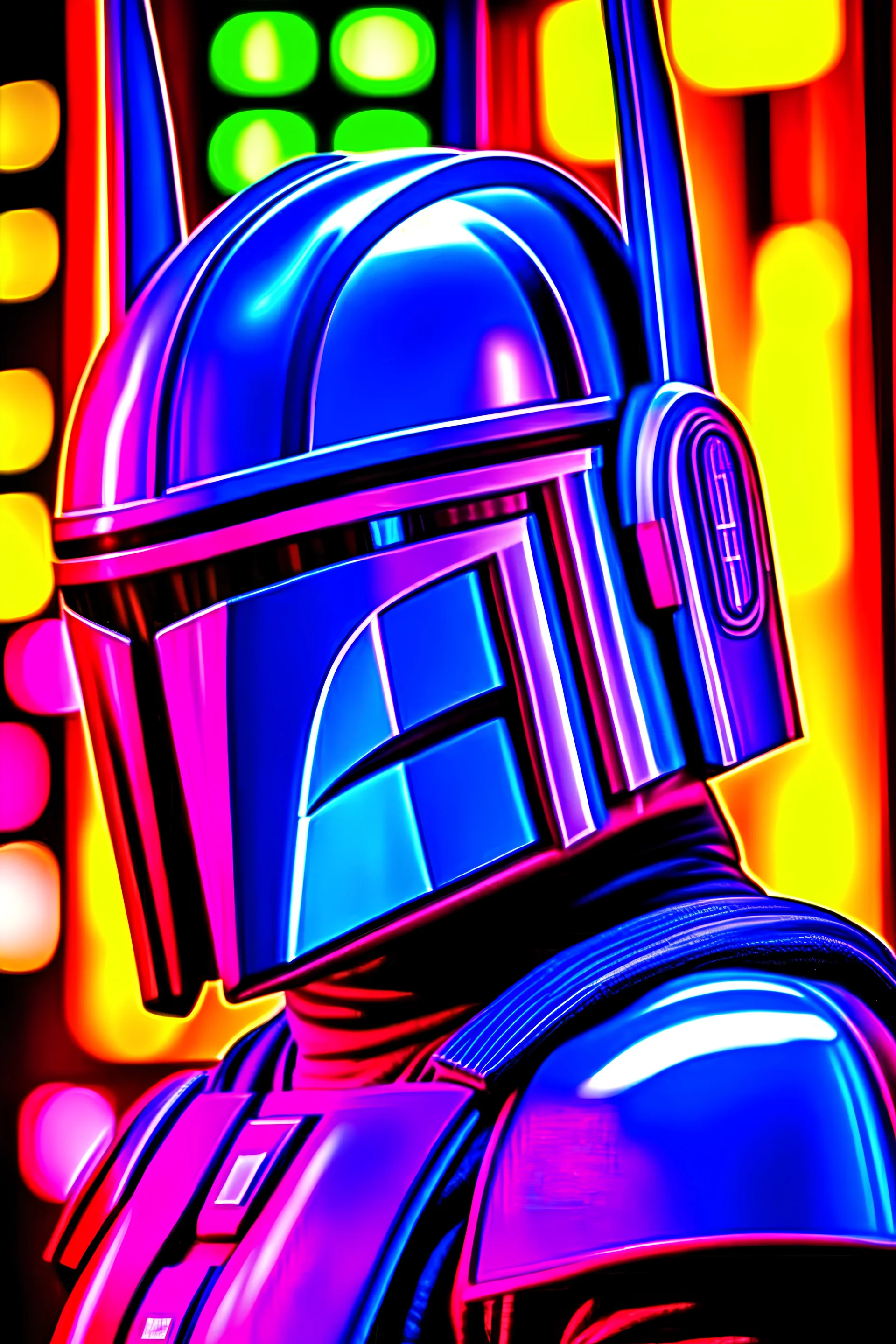 The helmet of a Mandalorian, in the reflection of which you can see a bat that is close to him and is about to hit and the bright colors of a busy city. Realistic, colorless