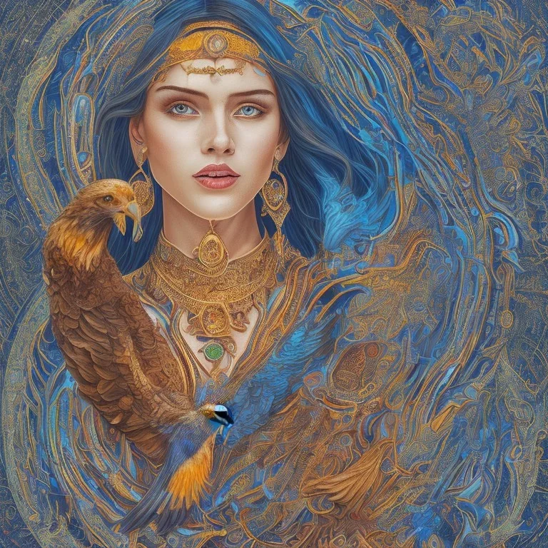 portrait femme à tête d'aigle Inde bleu psychédélique