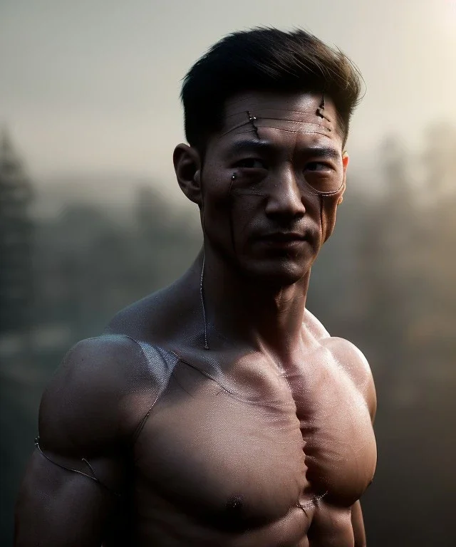 Ultra realistic photographic night portrait, cinematic, naked, young, Asian, all shaved <strong man> <hanging wires> many wires connected to the head <perfect pupil> <cyborg> <garage> <long shot view> <sci-fi futuristic> <thriller>, fog, soft color, highly detailed, unreal engine 5, ray tracing, RTX, lumen lighting, ultra detail, volumetric lighting, high definition.