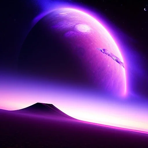 Alien shuttle over a crater, purple sky