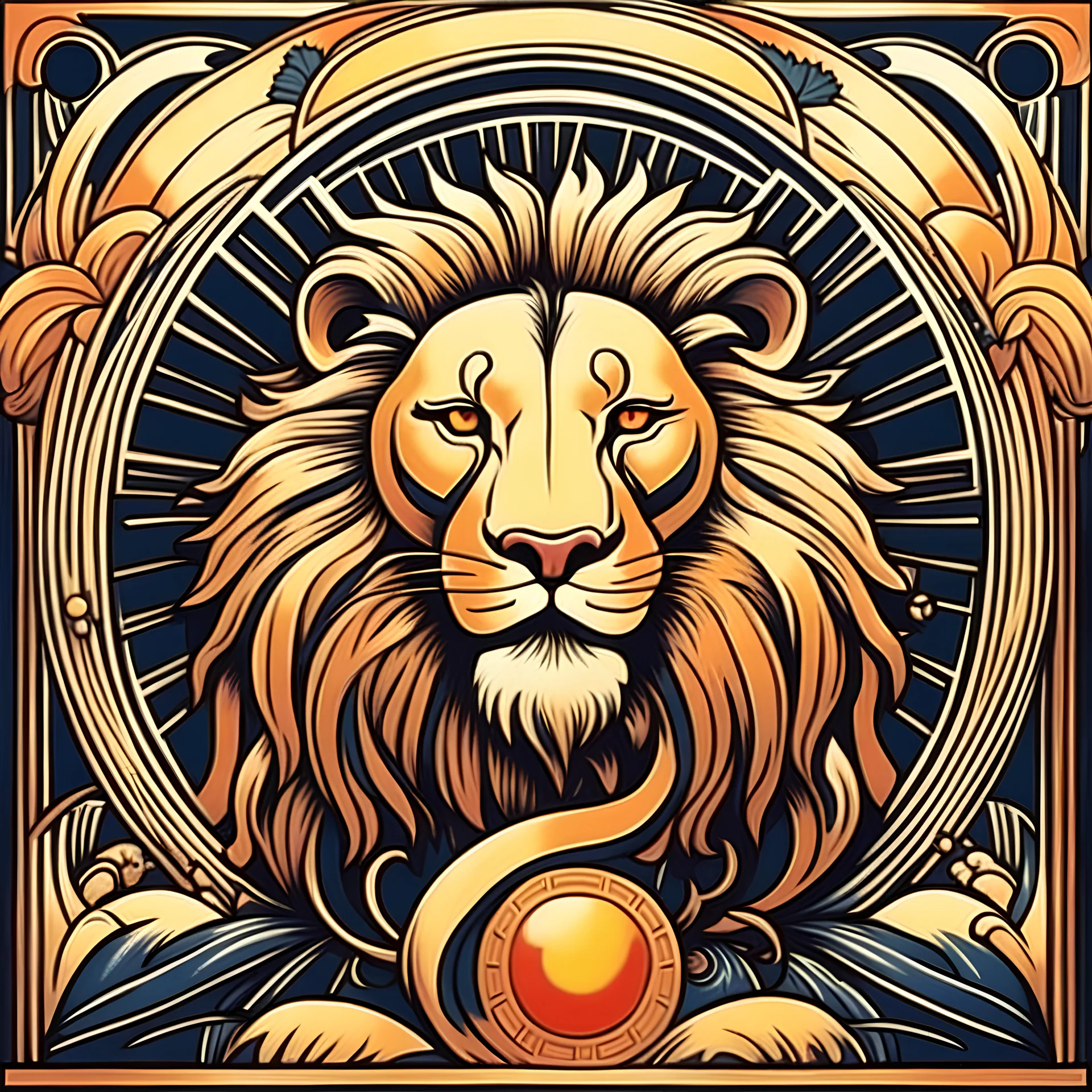 Art deco design of a lion eating a sun