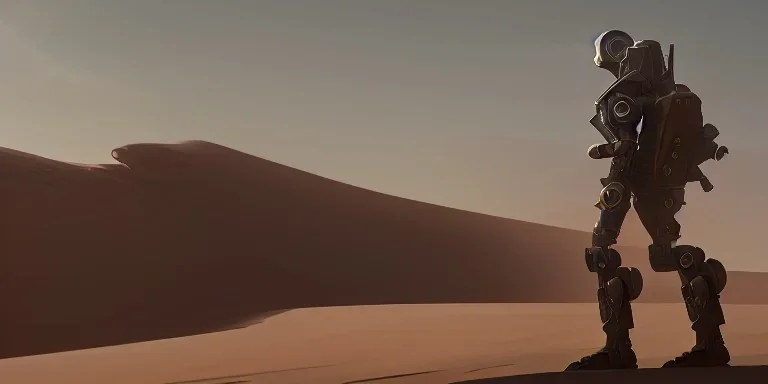 Military Robot in Desert walking to Horizon and with Footsteps