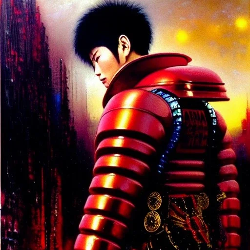 portrait of 'kaneda motorcycle-akira(1988)',ancient japanese armor, painting by gaston bussiere, greg rutkowski, yoji shinkawa, yoshitaka amano, tsutomu nihei, donato giancola, tim hildebrandt, oil on canvas, cinematic composition, extreme detail,fit full head inside picture,16k