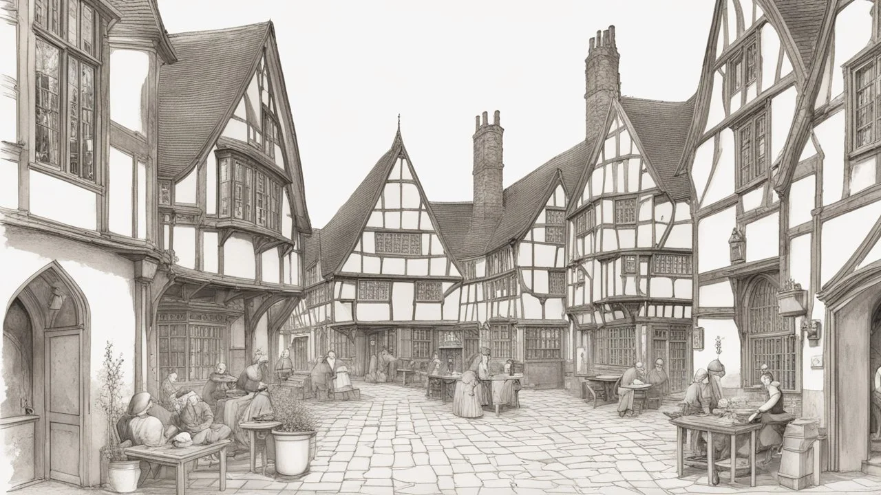 A Paved Courtyard, With Tudor Gothic Houses, Tall twisted Chimneys, warped Rooves, People, Shops,