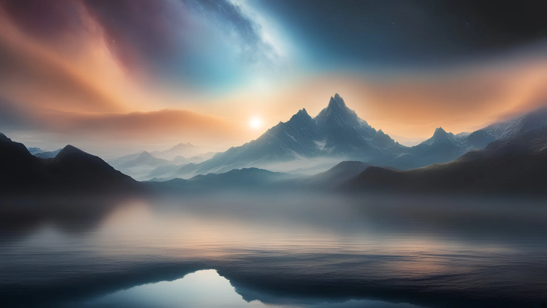 ocean on extraterrestrial planet, mountains, billions of stars in the sky, waves of beautiful light, different reality, enlightenment, wisdom, eternity, 4 dimensions, water flies up, world of mist