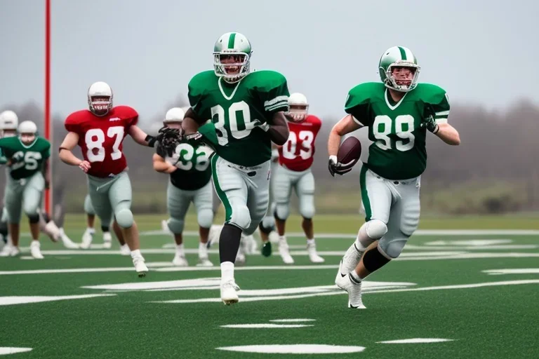 Boston Shamrocks Football team playing against the Toronto Rifles Football team,vintage, hyper-realistic, in color, Boston in green, Toronto in Red