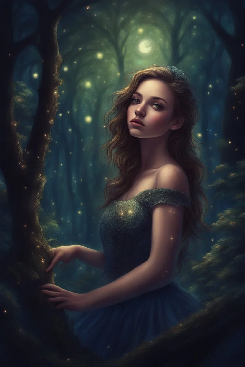 Painting of a dream girl in a fantasy forest, glitters in the forest background, digital painting, fantasy painting, dancing girl, song, fantasy art, fantasy girl, beautiful girl, beautiful face, 25 years old, beautiful painting, forest In the background, dark night, glitter in the background, fantasy forest, haunted forest