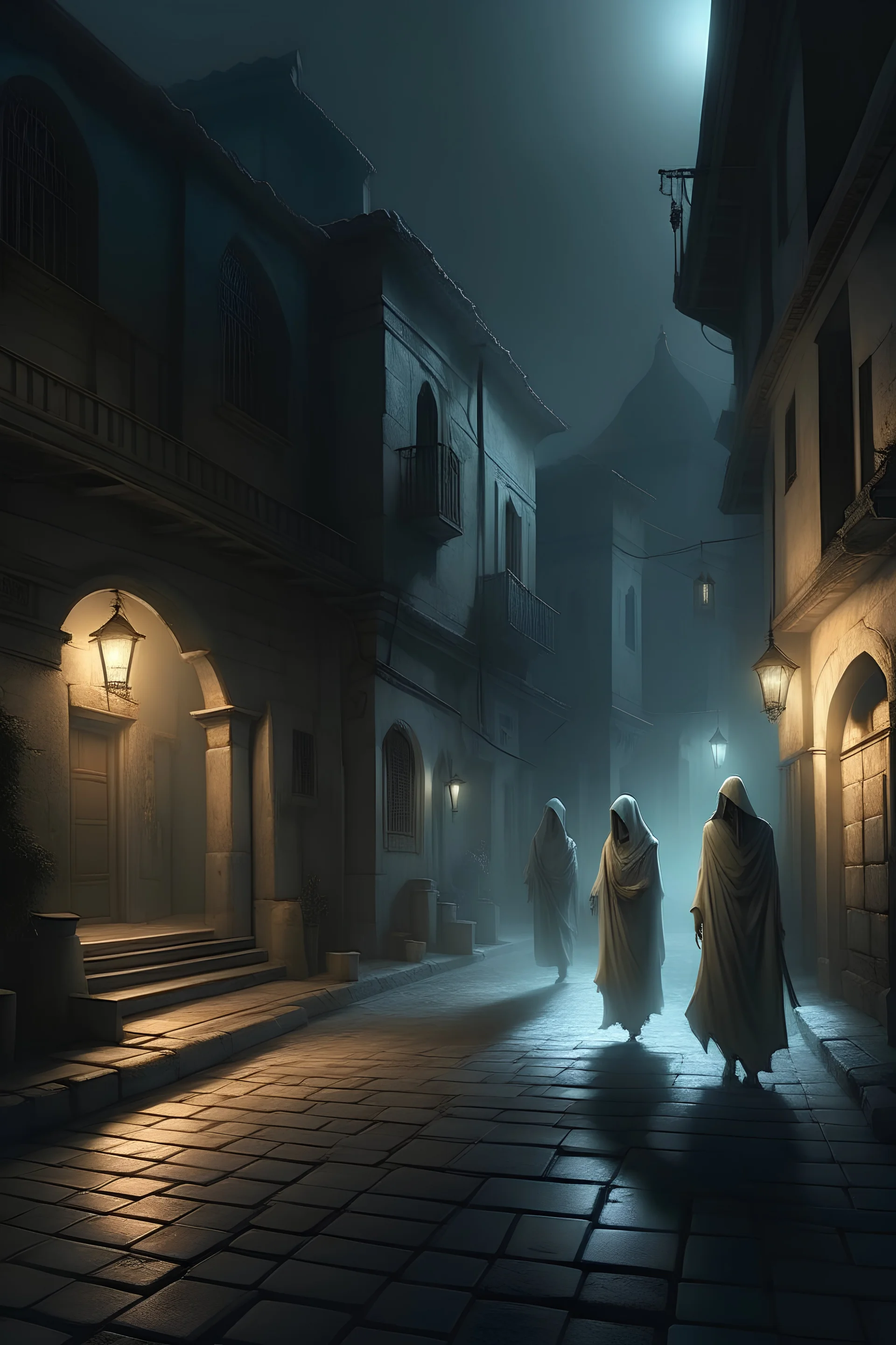 ghosts wandering through a dimly lit street, in an ancient city in hyperrealistic style