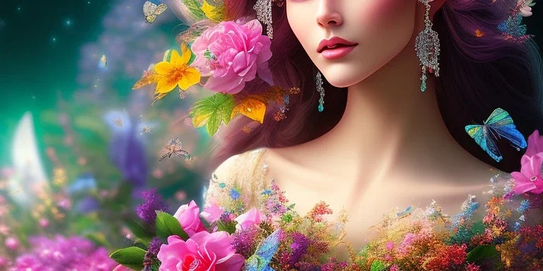 bright fairy, beautiful portrait, flowery landscape