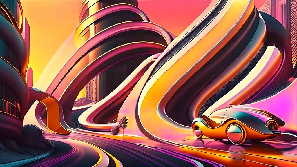 (hustle and bustle:55), (loop kick:10), (deconstruct:28), retro futurism style, urban canyon, cars of future oncoming, smooth curves, swirl dynamics, great verticals, great parallels, amazing reflections, excellent translucency, hard edge, colors of metallic grey and warm yellow and lollipop pink