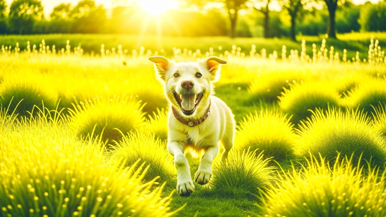 ((cheerful dog, running, grassy field), sunny, bright, (golden hour lighting), soft focus, vibrant colors), polaroid, photograph, professional photograph, (high resolution, cinematic composition, telephoto lens)