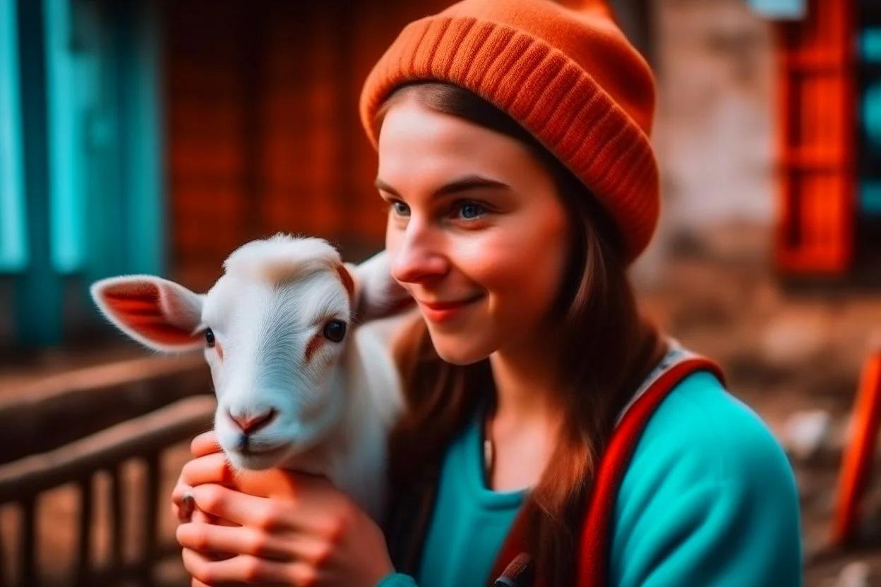 attractive woman with cute head of a goat, holding a baby