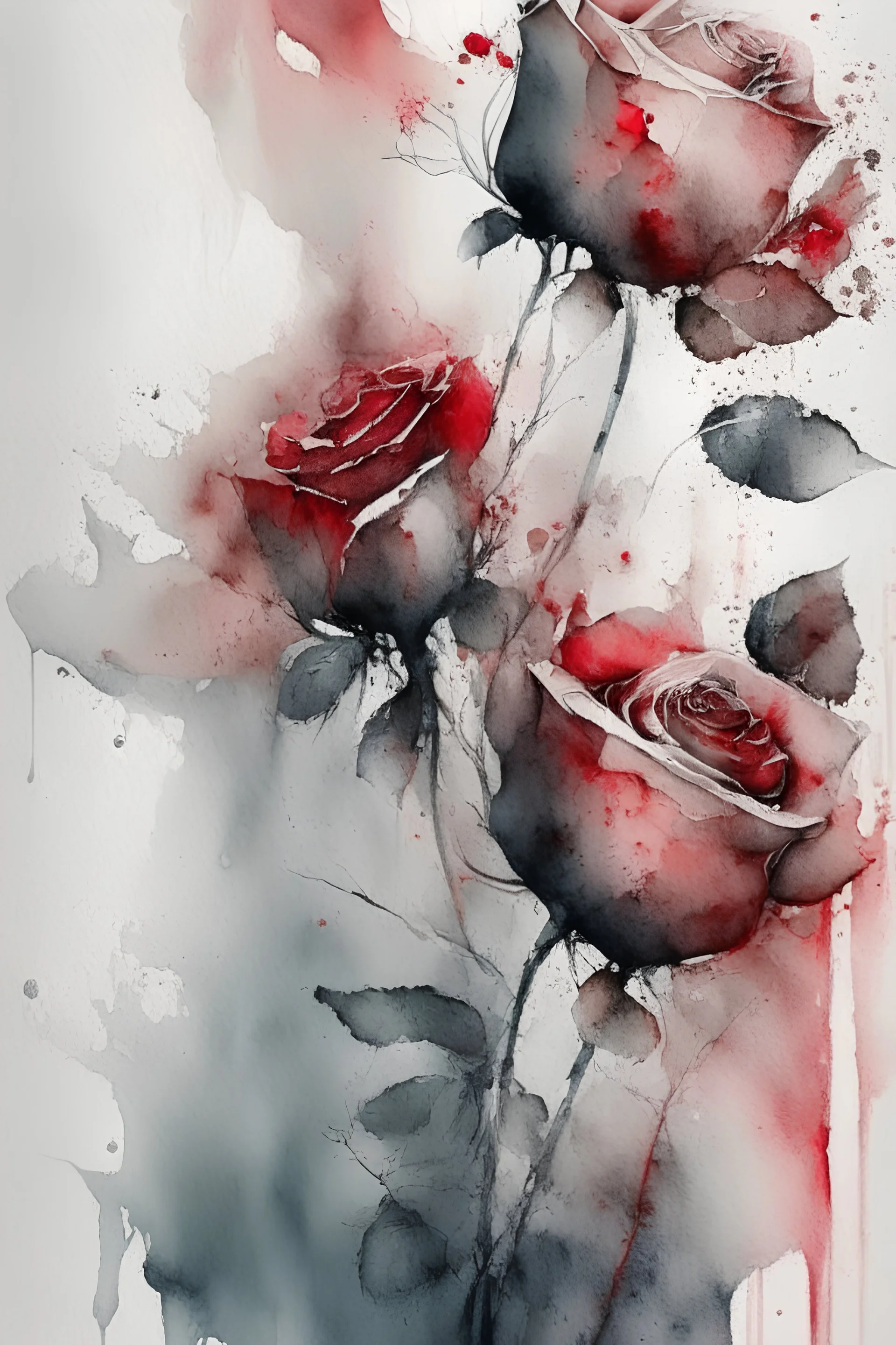 Abstract wet watercolour, grey red roses