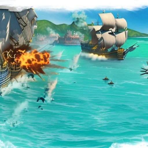 Two pirate ships fight each other at sea. Firing cannons.