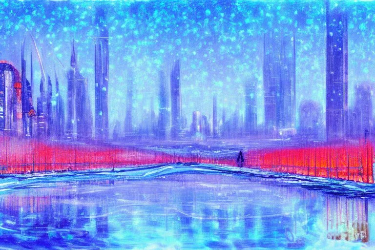 Science fiction city near frozen lake, impressionism painting