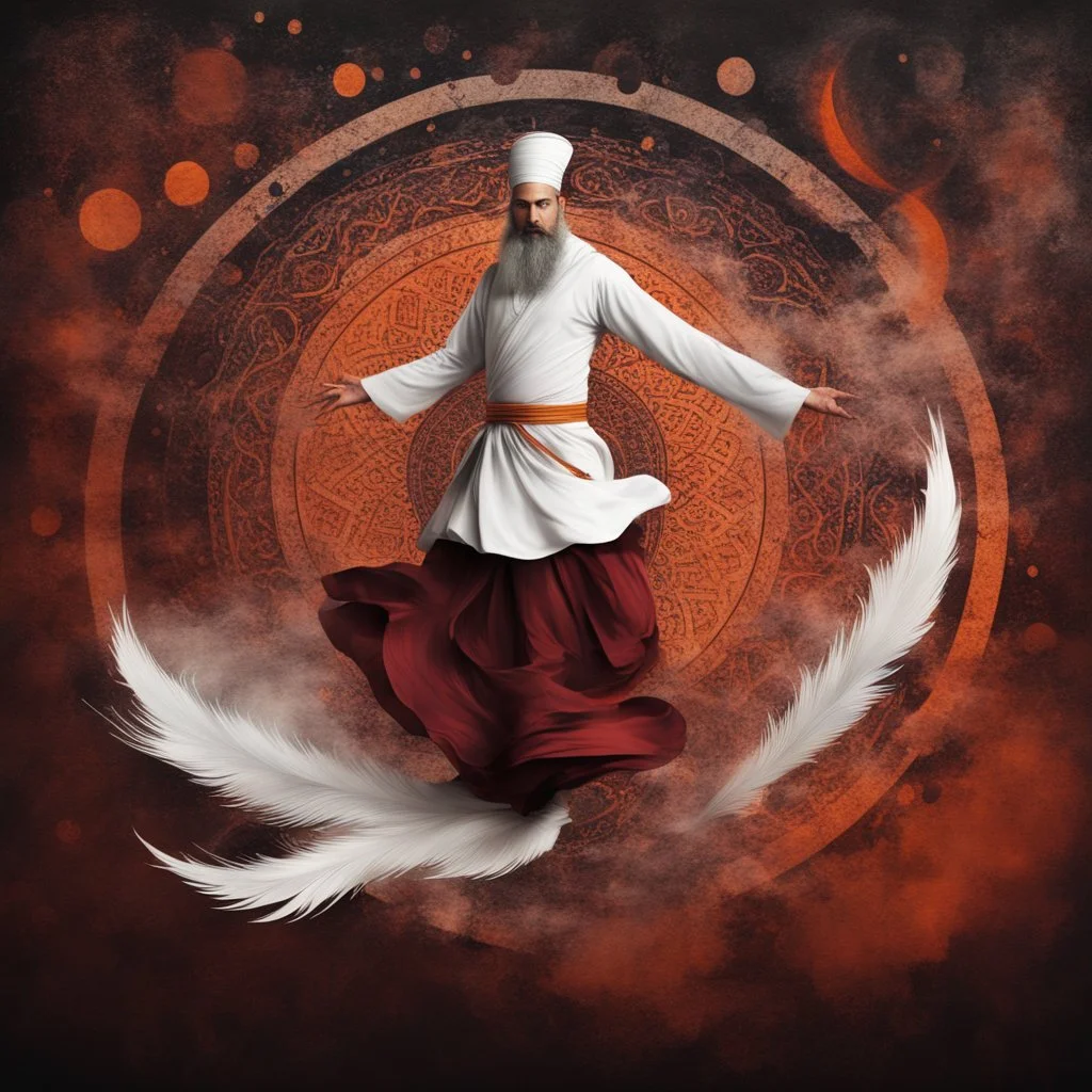 Hyper Realistic Sufi Whirling with white & Maroon, Islamic Sufi Rustic Grungy orange Patterned-Background at night with black fog & mini feathers around