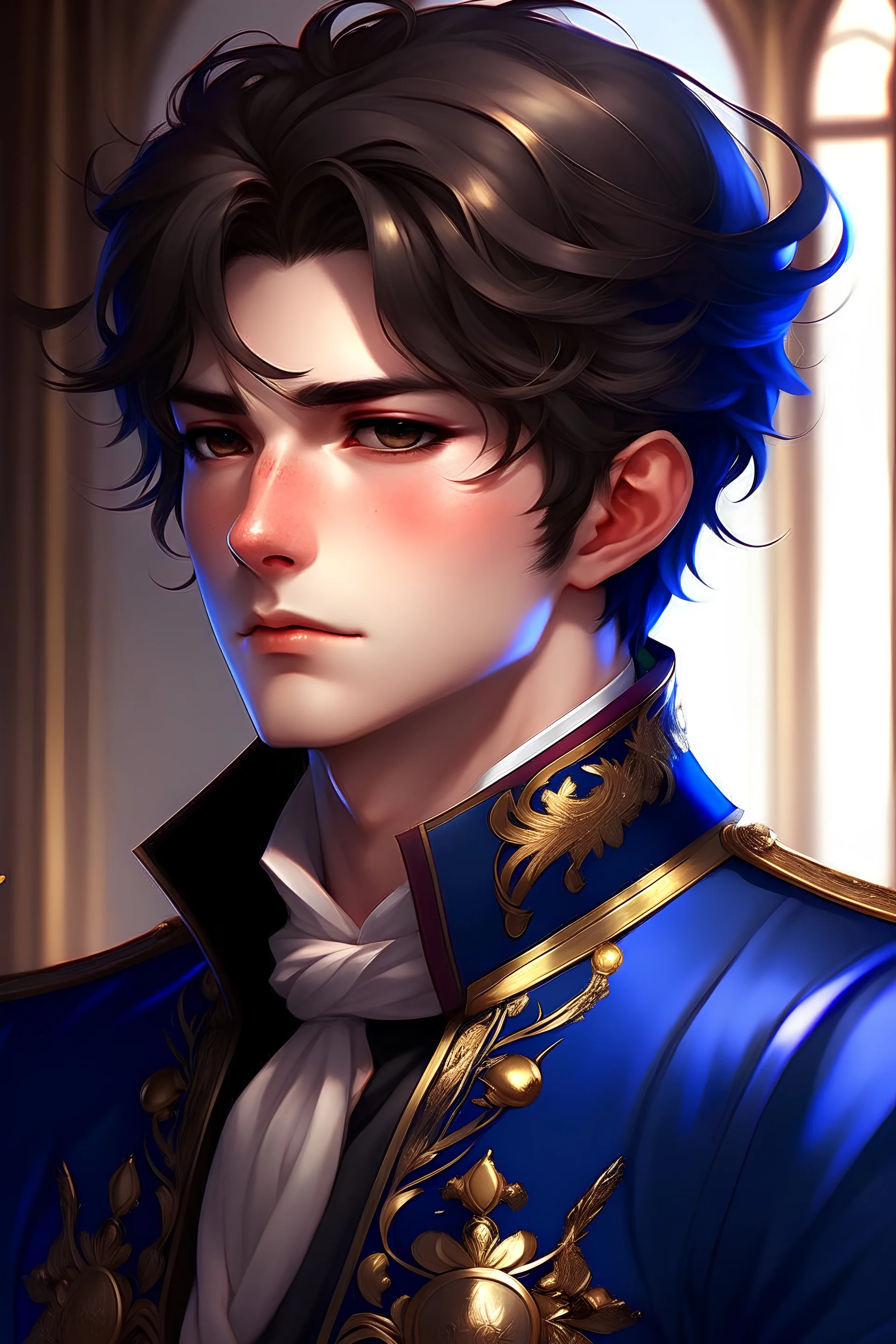 An extremely handsome prince, portrait, semi realism, anime male protagonist, book cover, looking cool and fierce, hair up, full view, royal attire