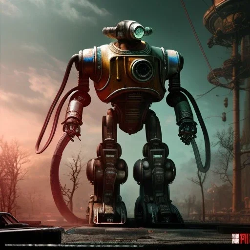 fallout 4 character, robot dog on roller skies in the streets of cyberpunk city, unreal, spray paint, clay, vox model