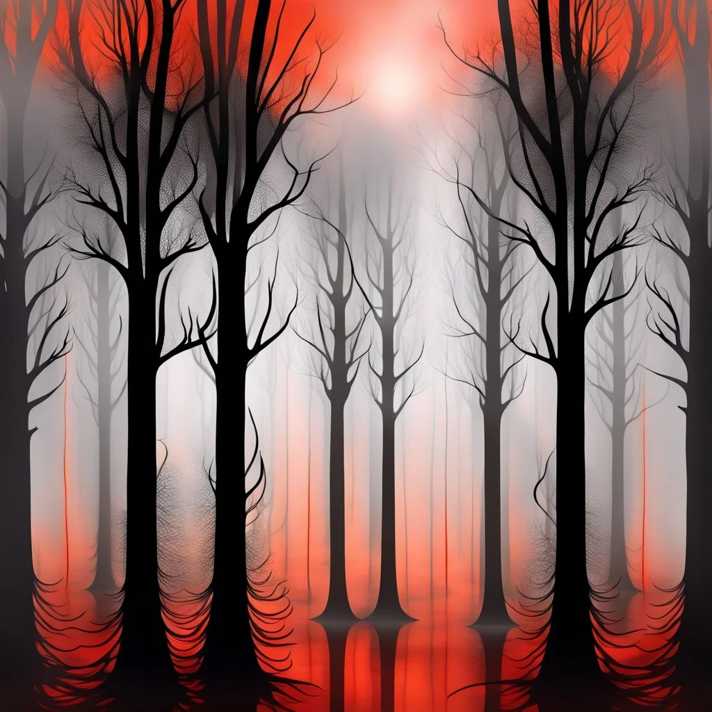 silhouette of tall dark trees, black, gray colors, surreal, foggy, mesh, red-gray-orange background, painted, lacy pattern melting, dreamlike scene, blurred with wet ink, masterpiece